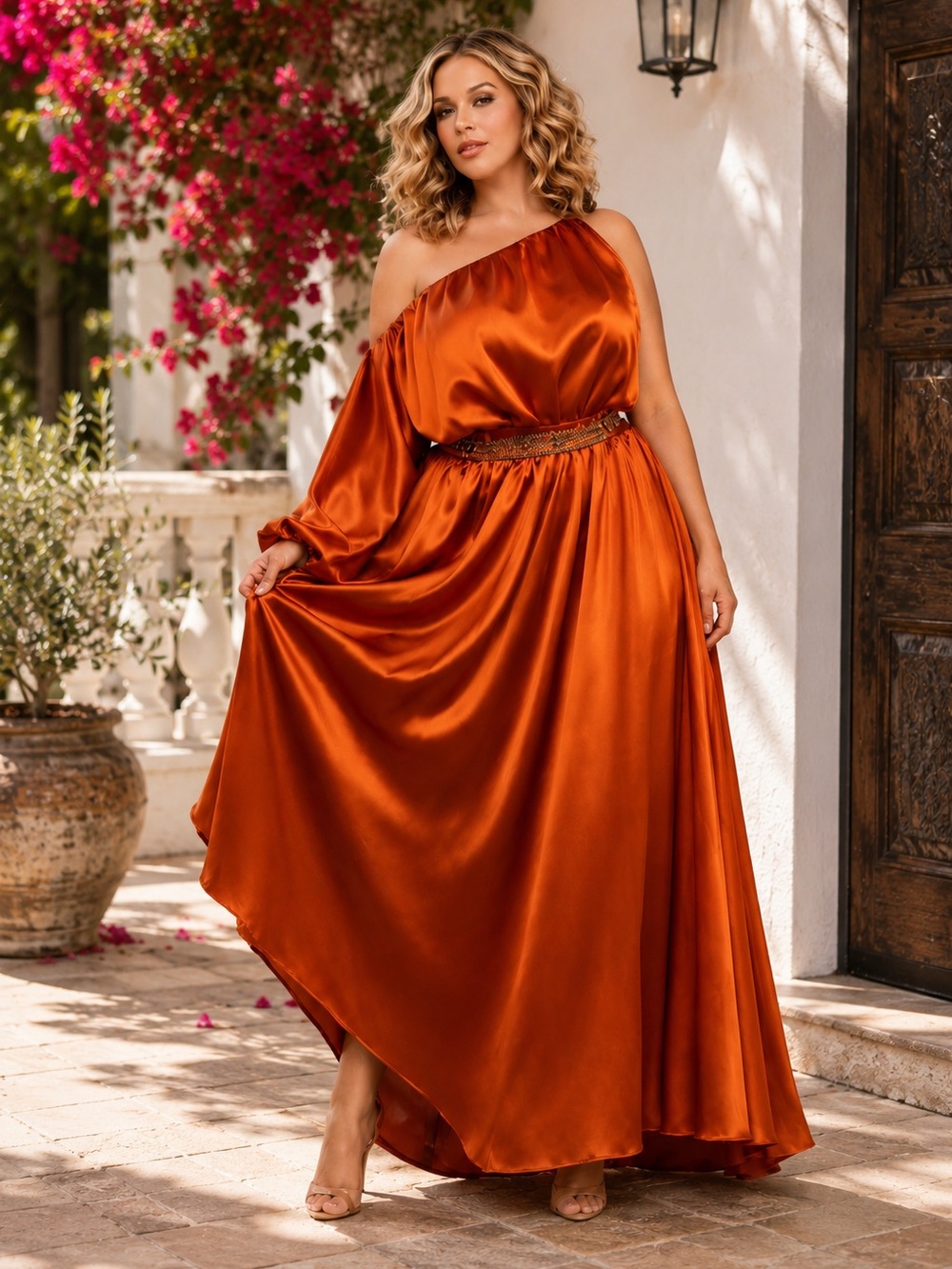 Burnt Copper Satin One-Shoulder Maxi Dress (Plus) | Size 2X